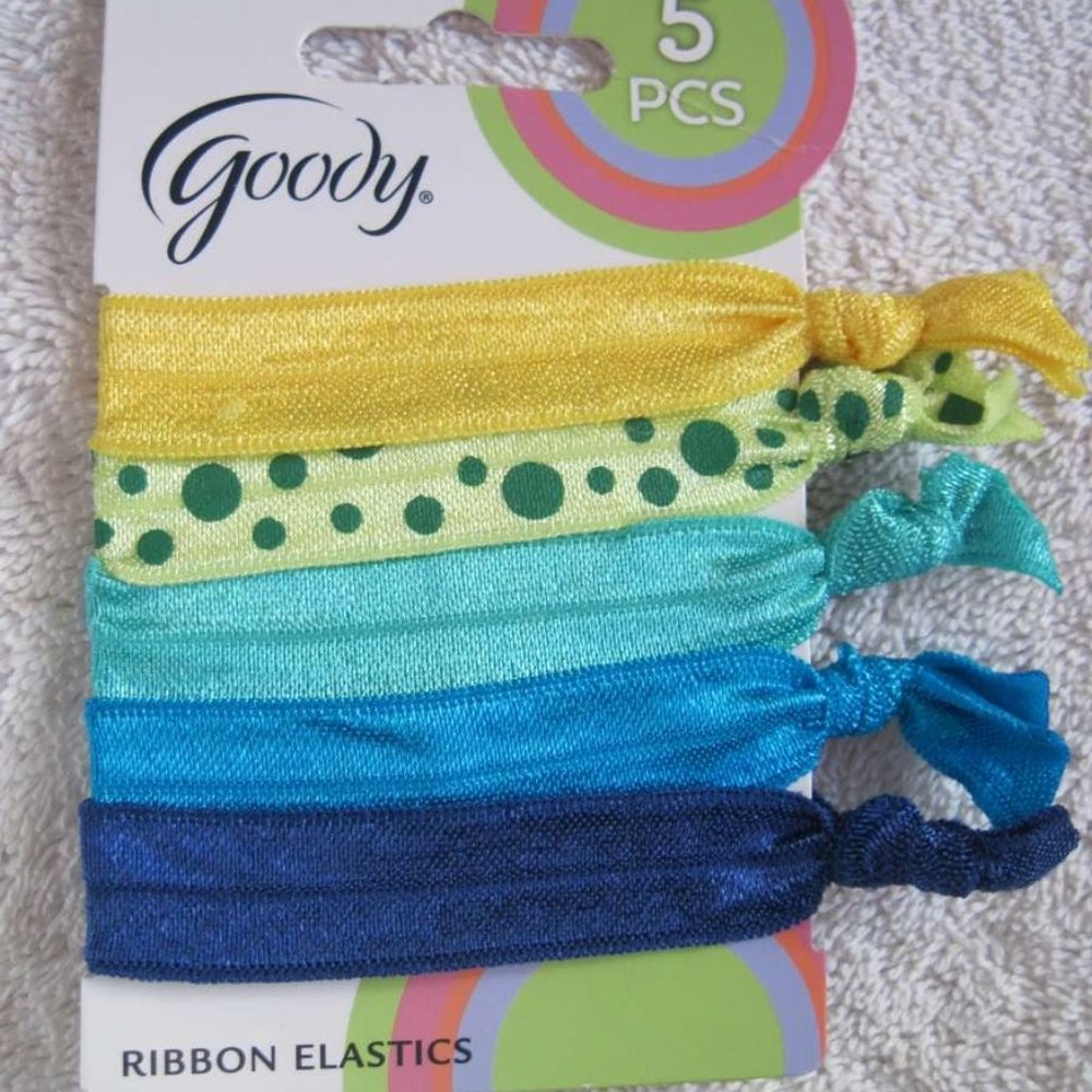 5 Goody Ouchless Ribbon Elastics Ponytailer Hair Bands Soft No Metal Tied Blues